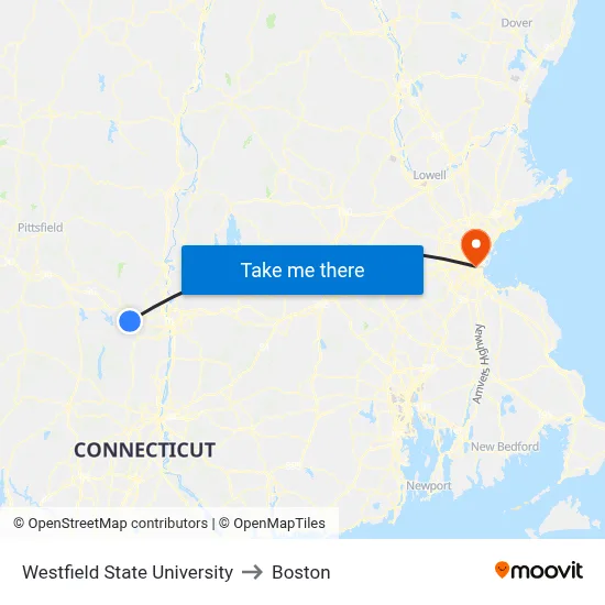 Westfield State University to Boston map