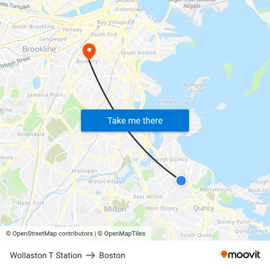Wollaston T Station to Boston map