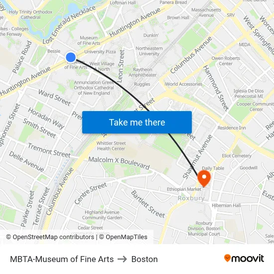 MBTA-Museum of Fine Arts to Boston map