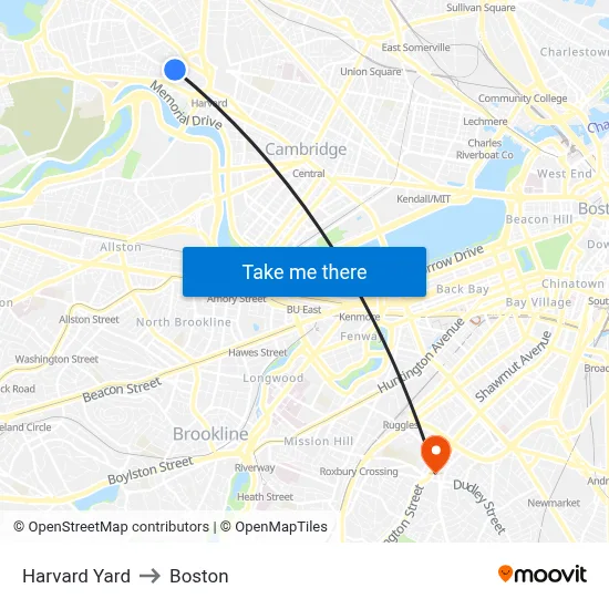 Harvard Yard to Boston map