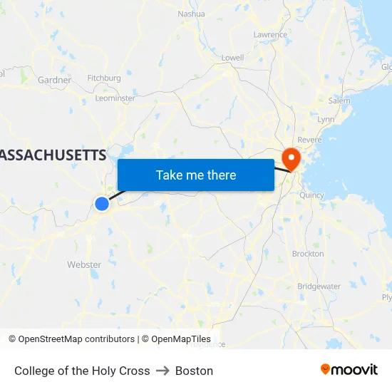 College of the Holy Cross to Boston map