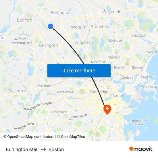 Burlington Mall to Boston map