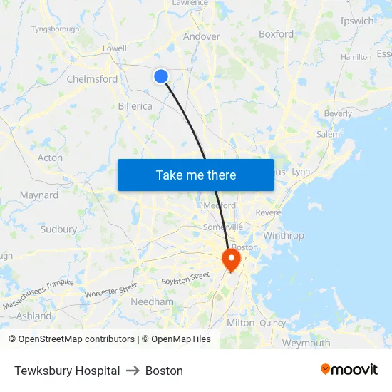 Tewksbury Hospital to Boston map