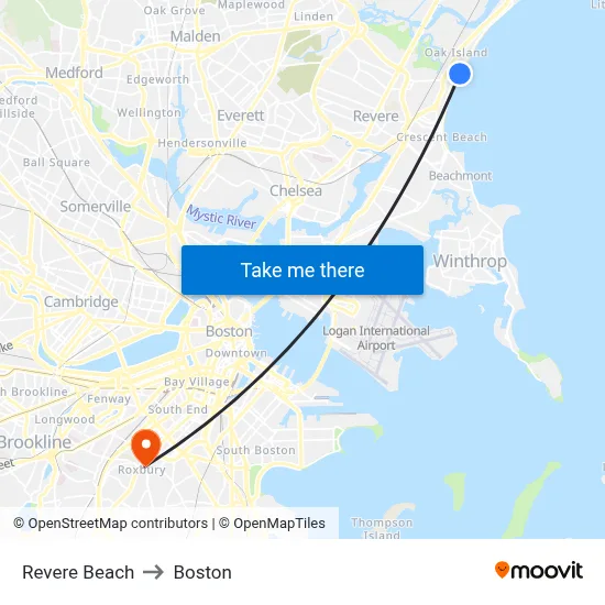 Revere Beach to Boston map