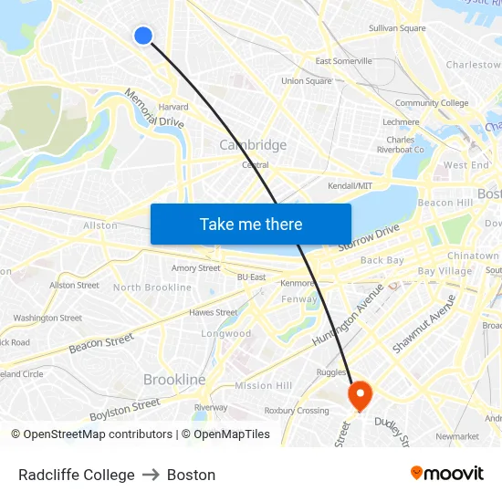 Radcliffe College to Boston map