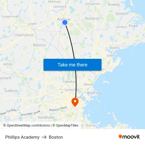 Phillips Academy to Boston map