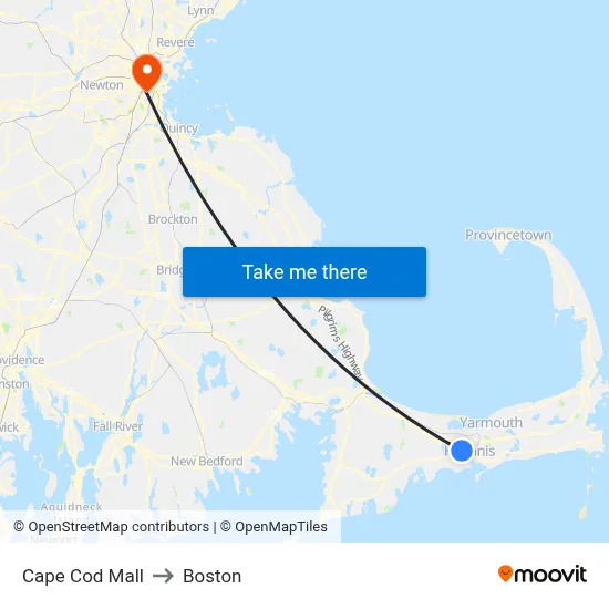 Cape Cod Mall to Boston map