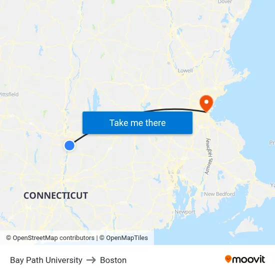 Bay Path University to Boston map