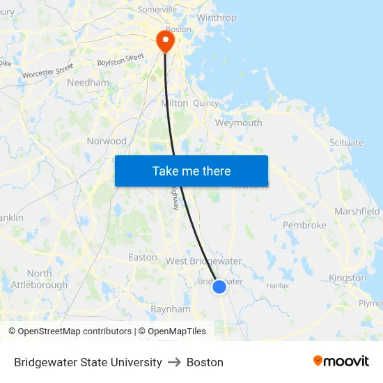 Bridgewater State University to Boston map