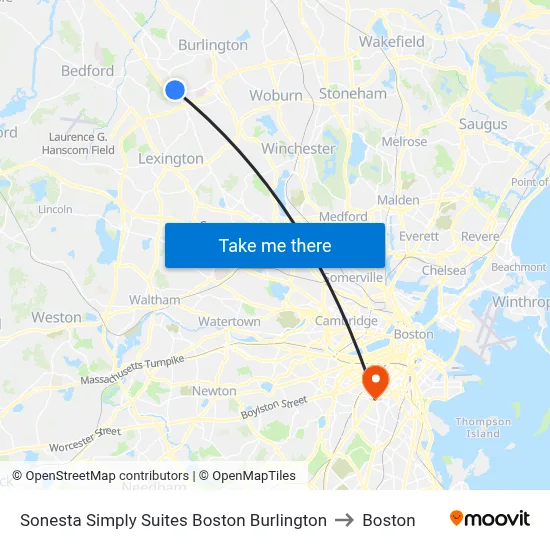 Sonesta Simply Suites Boston Burlington to Boston map