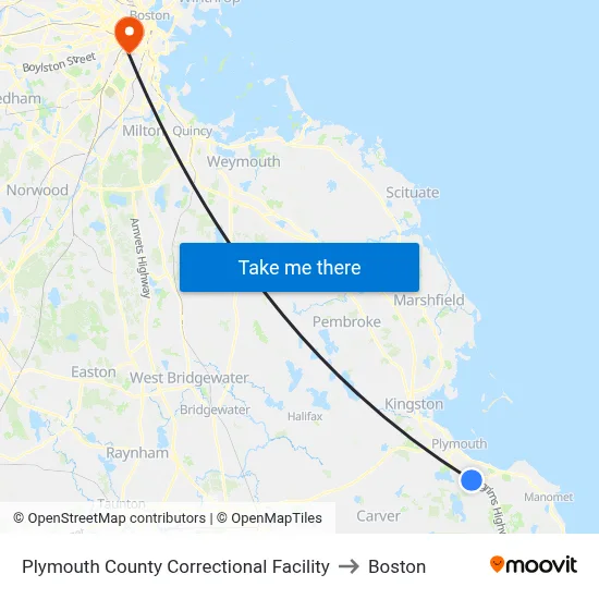 Plymouth County Correctional Facility to Boston map