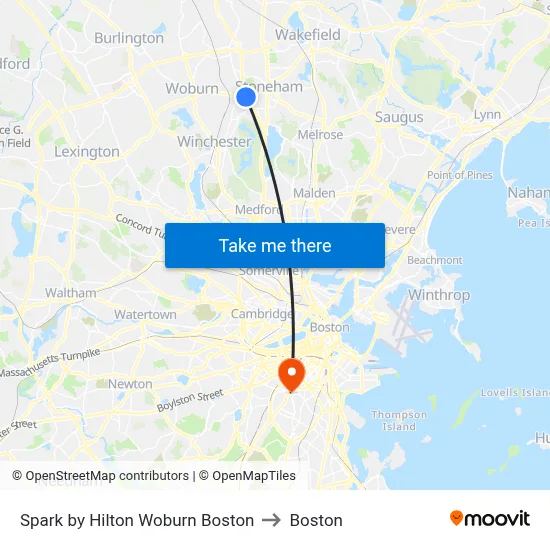 Spark by Hilton Woburn Boston to Boston map