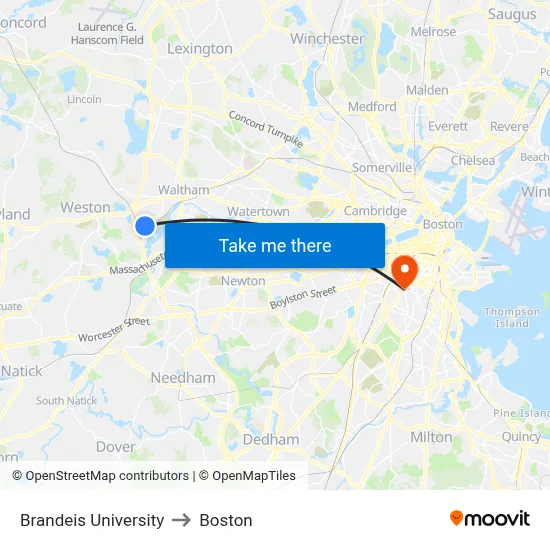 Brandeis University to Boston map