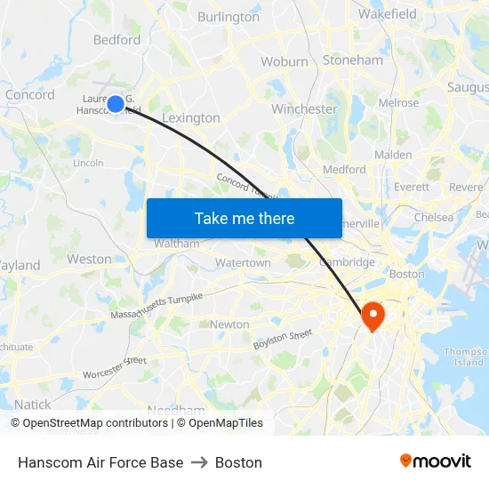 Hanscom Air Force Base to Boston map