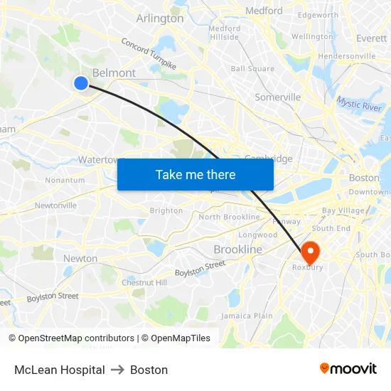 McLean Hospital to Boston map