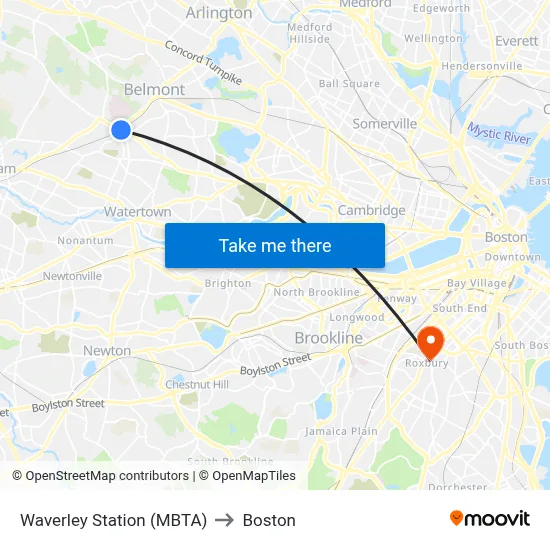 Waverley Station (MBTA) to Boston map