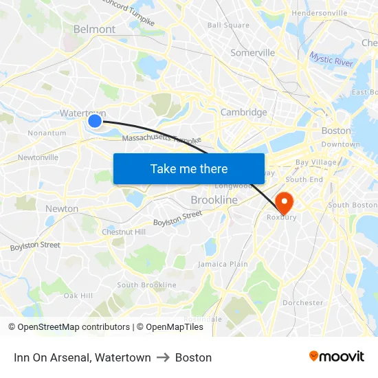 Inn On Arsenal, Watertown to Boston map