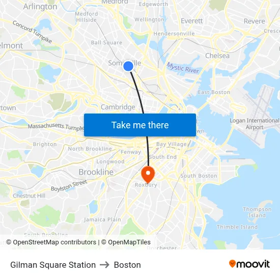 Gilman Square Station to Boston map