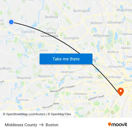 Middlesex County to Boston map