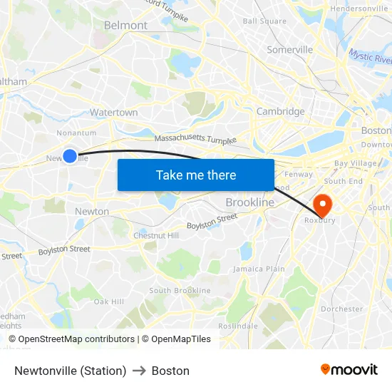 Newtonville (Station) to Boston map