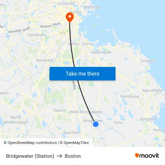 Bridgewater (Station) to Boston map