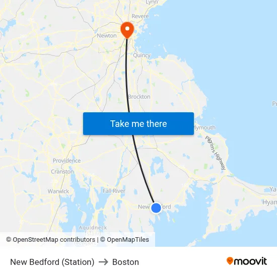 New Bedford (Station) to Boston map