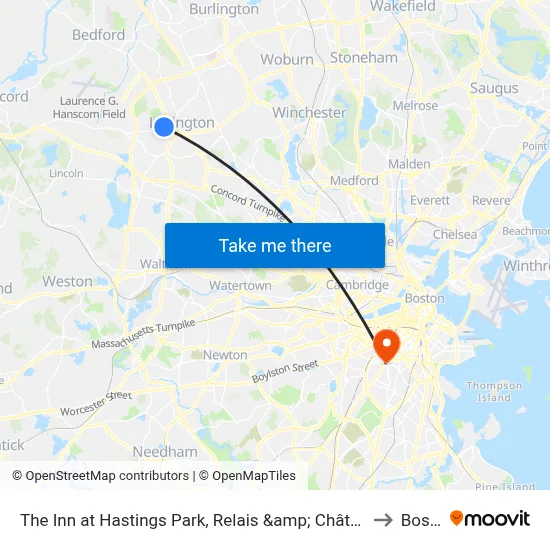 The Inn at Hastings Park, Relais &amp; Châteaux, Lexington to Boston map