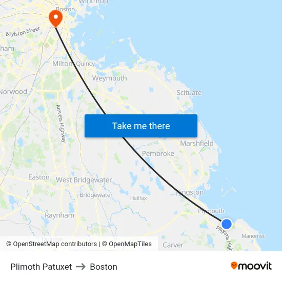 Plimoth Patuxet to Boston map