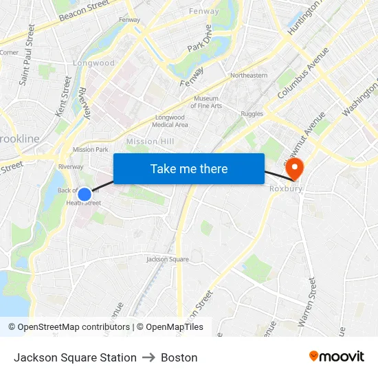 Jackson Square Station to Boston map