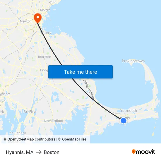 Hyannis, MA to Boston map