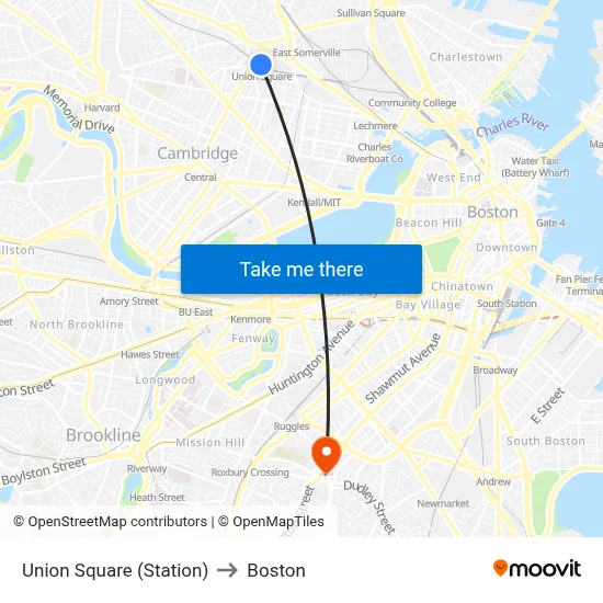 Union Square (Station) to Boston map