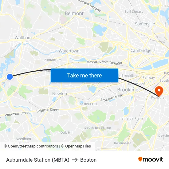 Auburndale Station (MBTA) to Boston map