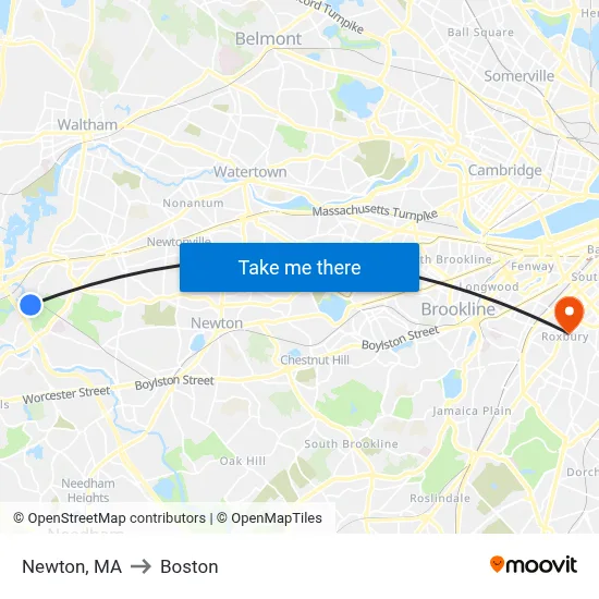 Newton, MA to Boston map