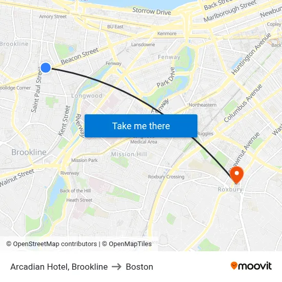 Arcadian Hotel, Brookline to Boston map