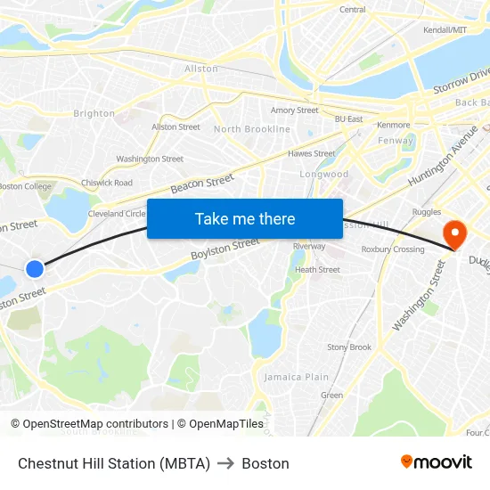 Chestnut Hill Station (MBTA) to Boston map