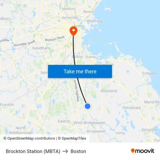 Brockton Station (MBTA) to Boston map