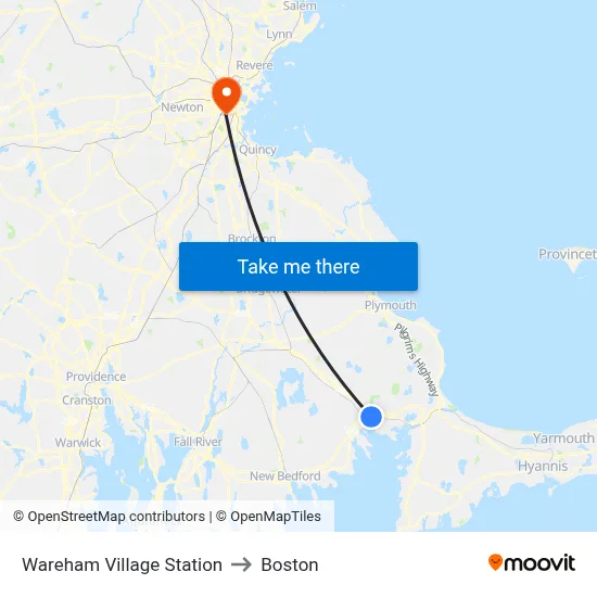 Wareham Village Station to Boston map