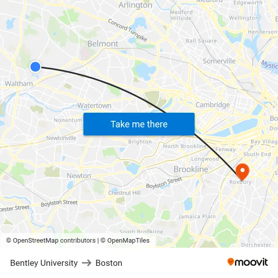 Bentley University to Boston map