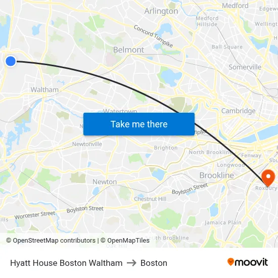 Hyatt House Boston Waltham to Boston map