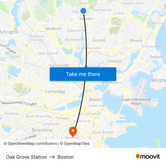 Oak Grove Station to Boston map