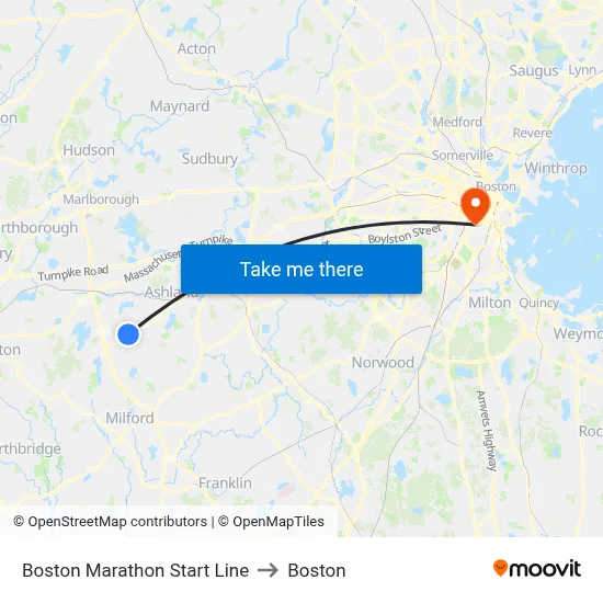 Boston Marathon Start Line to Boston map