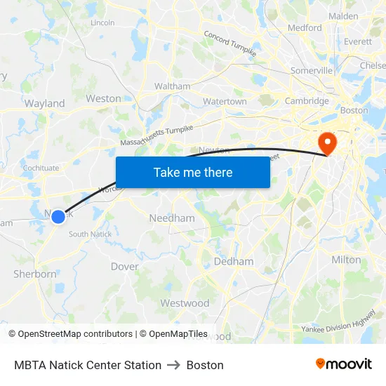 MBTA Natick Center Station to Boston map