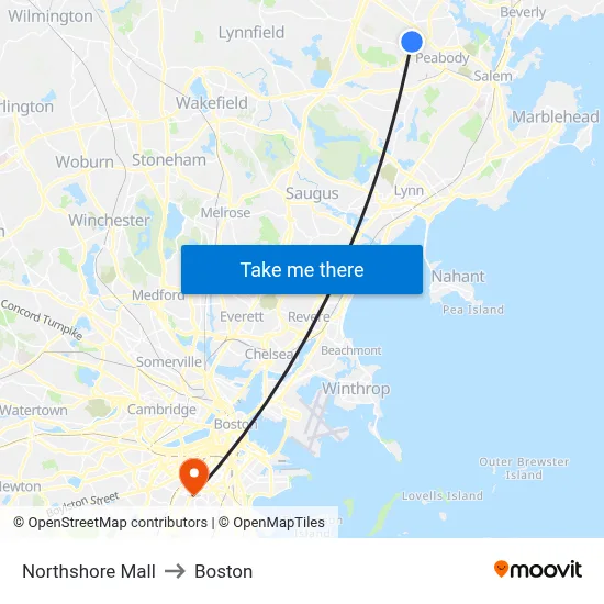 Northshore Mall to Boston map