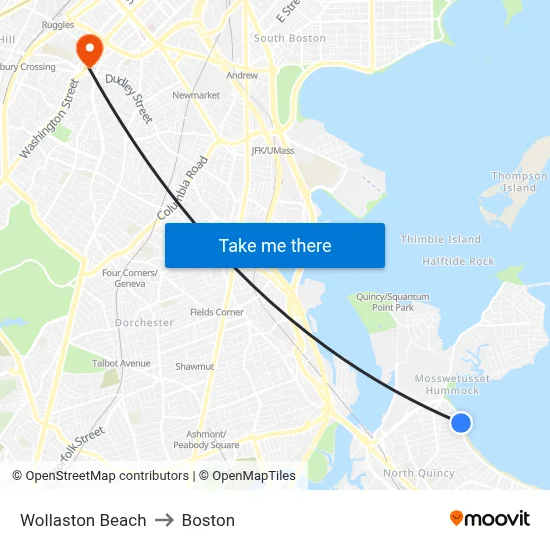 Wollaston Beach to Boston map