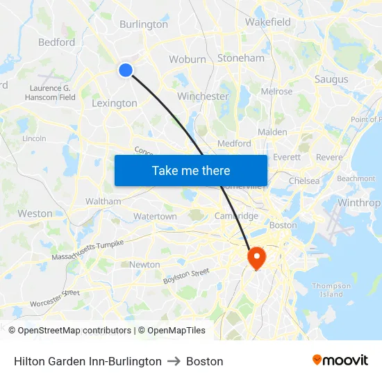 Hilton Garden Inn-Burlington to Boston map