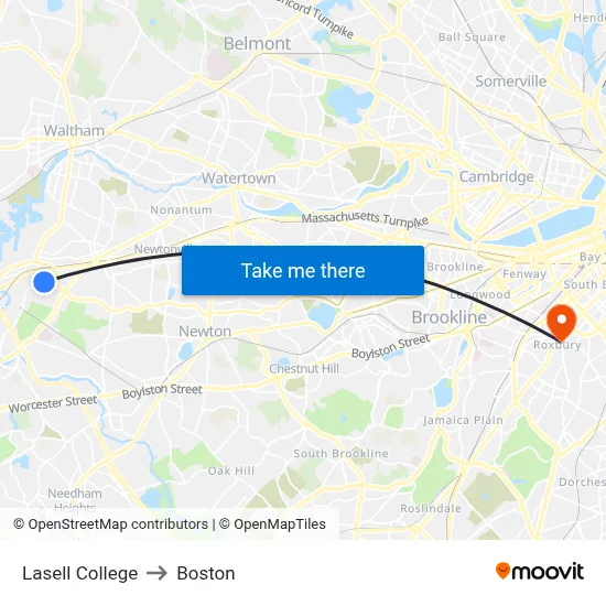 Lasell College to Boston map