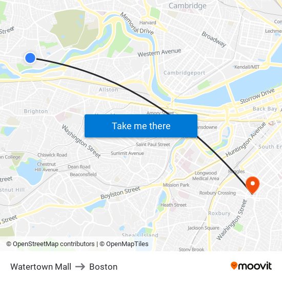Watertown Mall to Boston map