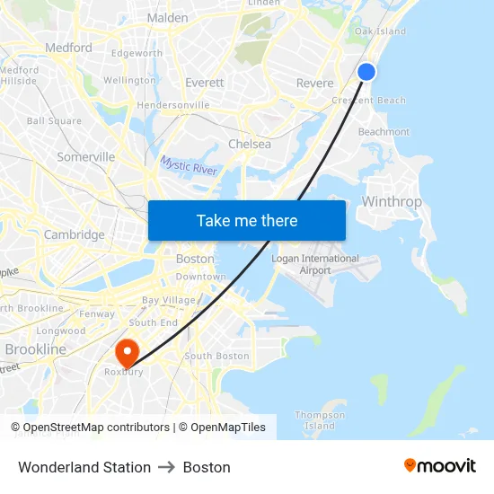 Wonderland Station to Boston map