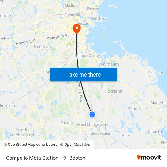 Campello Mbta Station to Boston map