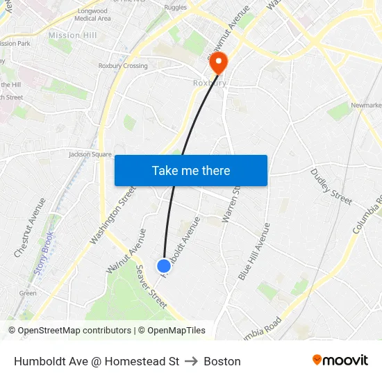 Humboldt Ave @ Homestead St to Boston map